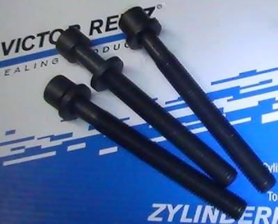 Three black metal cylinder head bolts.